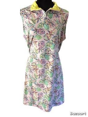 Emerald 18 Sleeveless Tropical Pineapple Print Dress with Yellow Collar